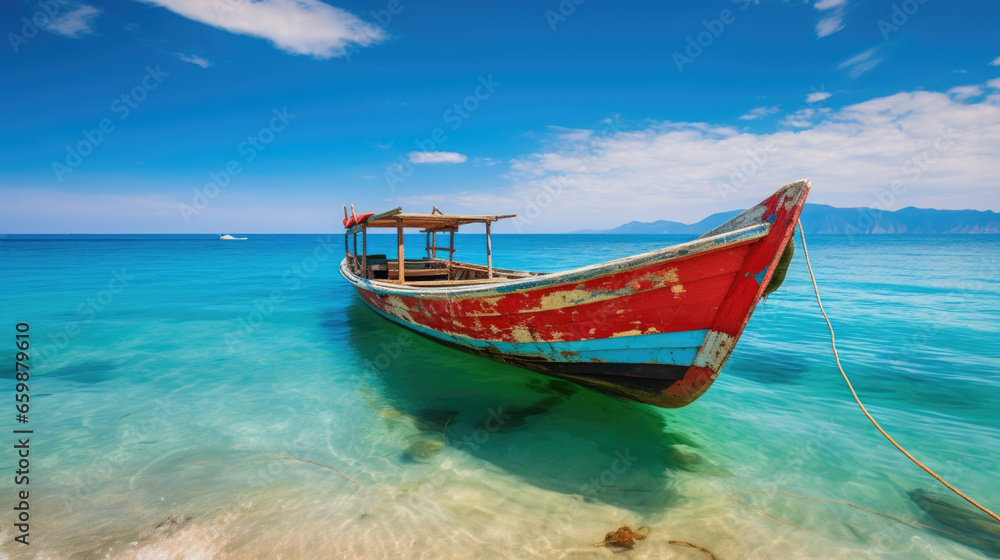 Wooden boat on white sand beach and blue sky in the background