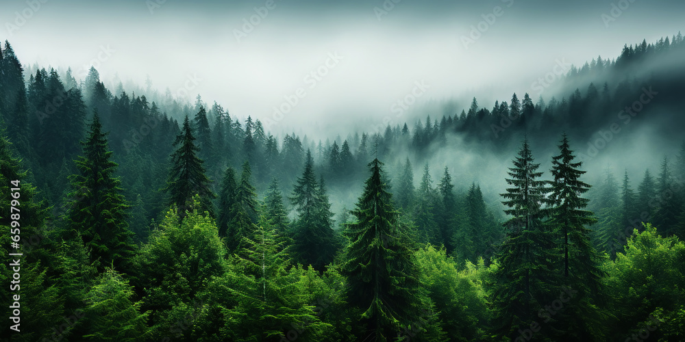 Misty mountain landscape with fir forest in vintage retro style. Generative AI - obrazy, fototapety, plakaty 