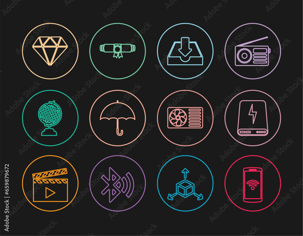 Set line Smartphone with wireless, Power bank, Download inbox, Umbrella, Earth globe, Diamond, Air conditioner and Diploma rolled scroll icon. Vector Set line Smartphone with wireless, Power bank, Download inbox, Umbrella, Earth globe, Diamond, Air conditioner and Diploma rolled scroll icon. Vector