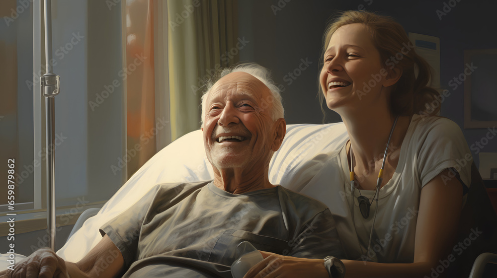 Obraz premium Old happy man in hospital bed, smiling face, hyperrealistic generative ai