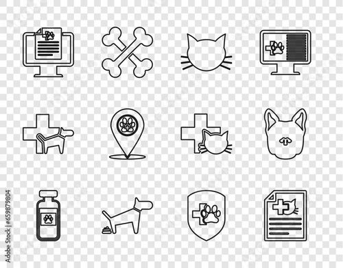 Set line Pets vial medical, Medical certificate for dog or cat, Cat, Dog pooping, Clinical record pet on monitor, Location veterinary, Animal health insurance and icon. Vector