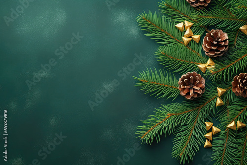 Christmas composition. Christmas fir tree branches  pine cones on green background with blank space for text