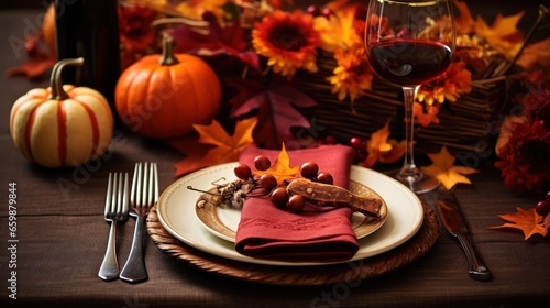A Thanksgiving place setting in autumn style, including cutlery and a decorative arrangement of fall leaves, pumpkins, and a napkin.