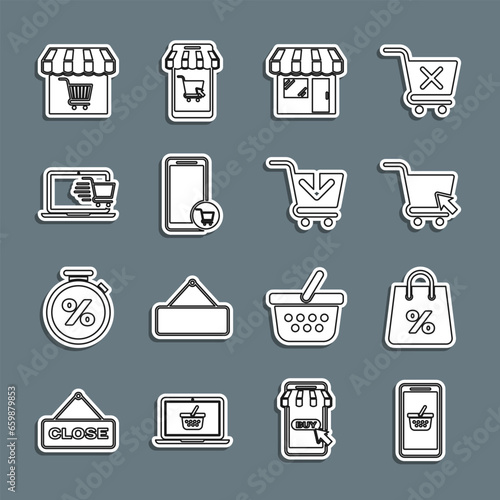 Set line Mobile and shopping basket, Shopping bag with percent, cart cursor, Market store, on laptop, and Add icon. Vector