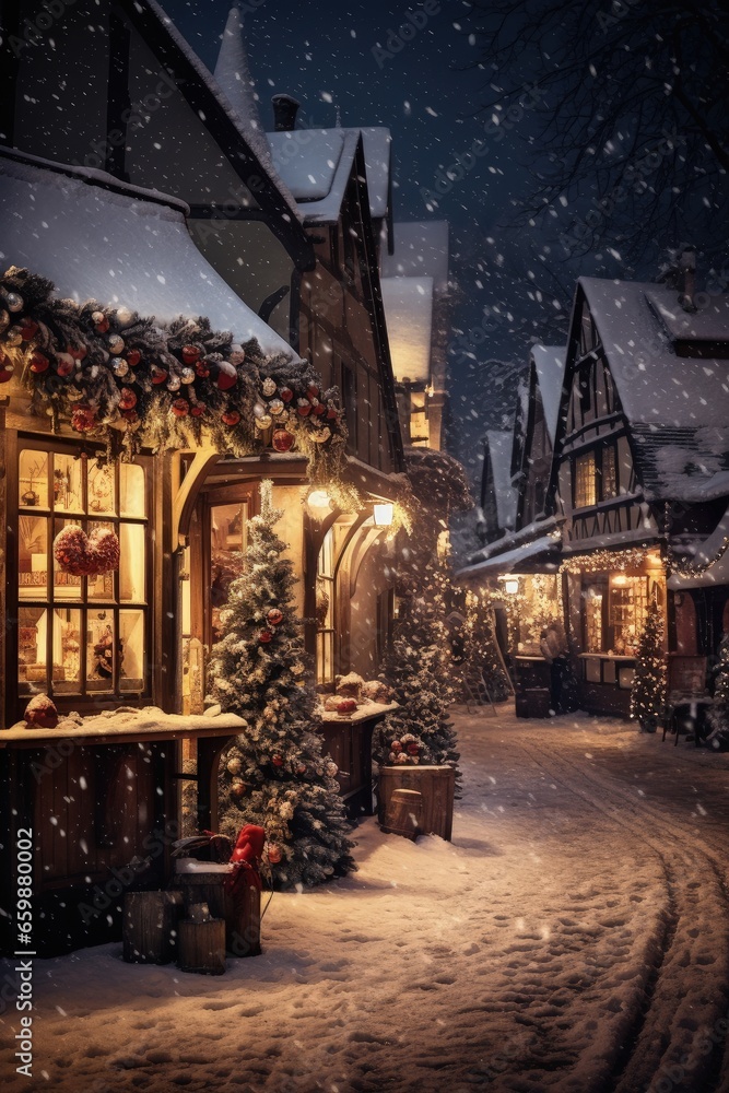 Winter Wonderland Small Village or Christmas Market Snow at Night
