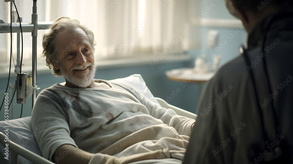 Obraz premium Old happy man in hospital bed, smiling face, hyperrealistic generative ai