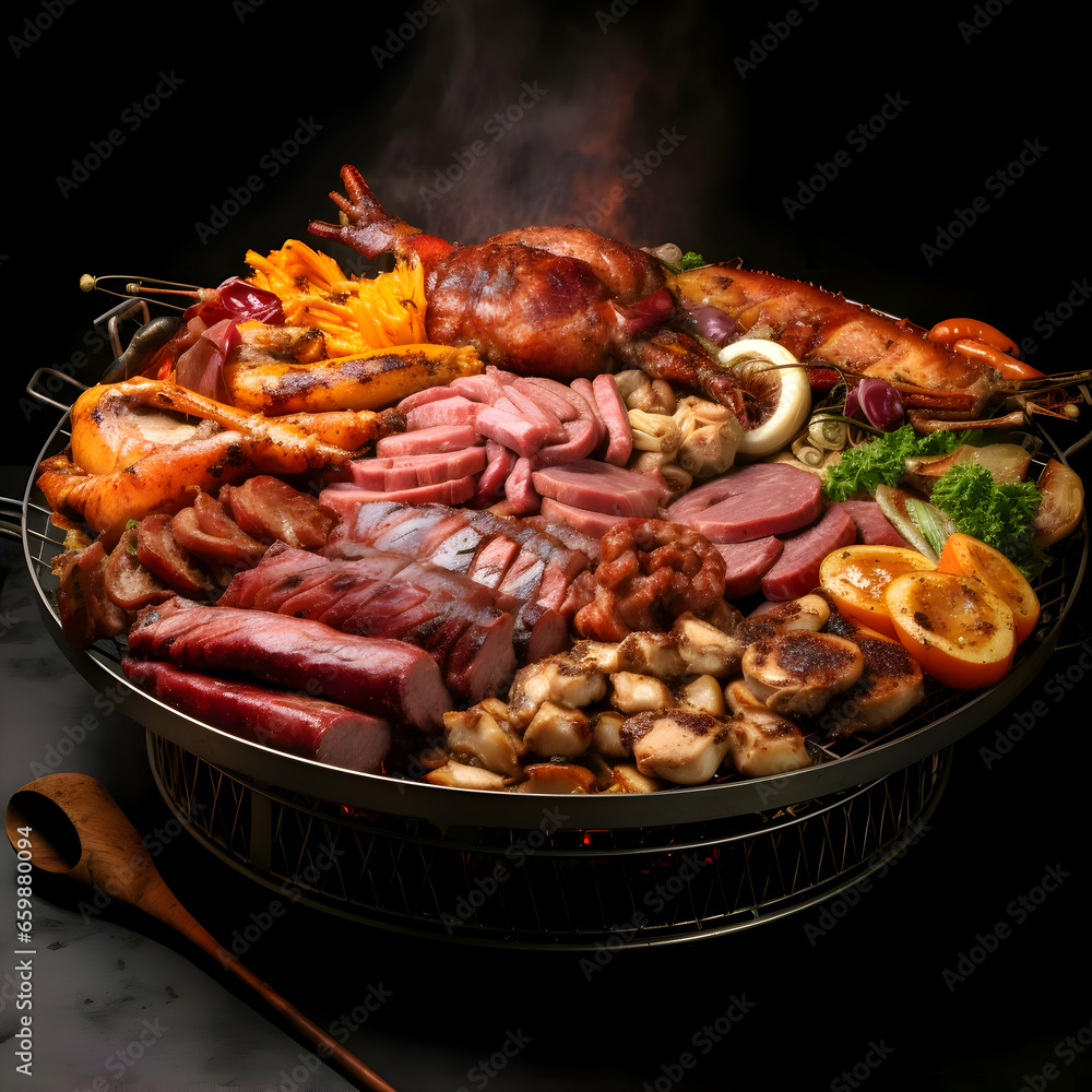 A grill with a variety of meats on it in round plate. High quality
