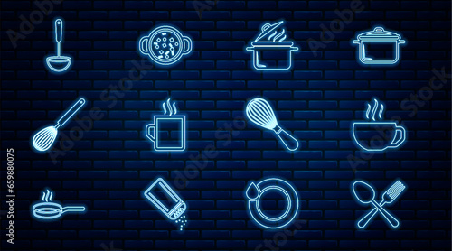 Set line Crossed fork and spoon, Coffee cup, Cooking pot, Kitchen whisk, ladle, and soup icon. Vector