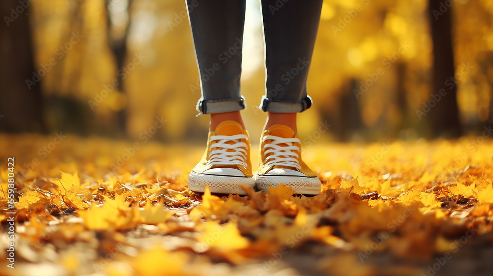 girl child close-up legs, running along the path in the autumn park, leaf fall leaves fly around