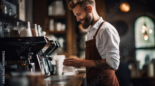 Young smiling male barista making coffee using professional machine. Morning cup of coffee in cafe. Brewing coffee. Coffee shop concept.