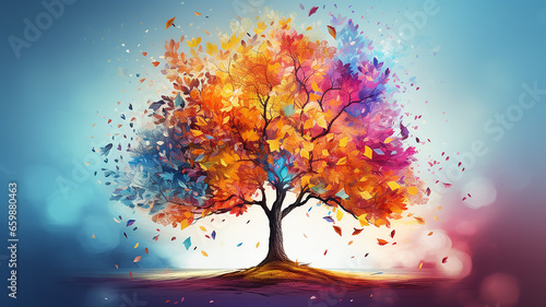 multicolored autumn tree is a symbol of nature on an unusual background computer graphics logo