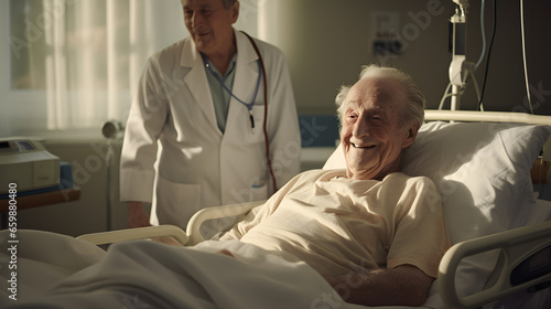 Old happy man in hospital bed, smiling face, hyperrealistic generative ai