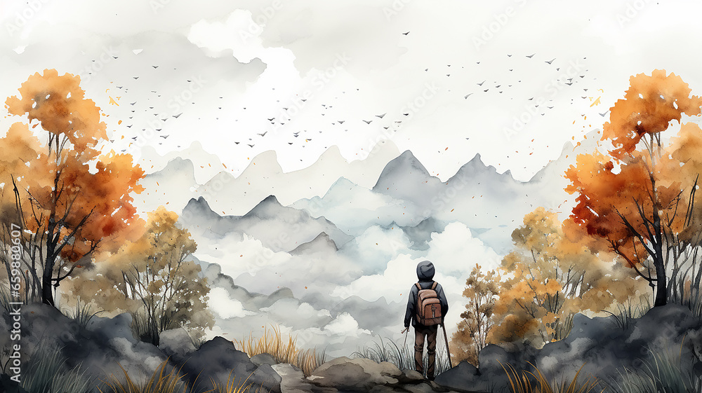 a child with a backpack on an autumn hike, watercolor drawing picture illustration back to school - obrazy, fototapety, plakaty 