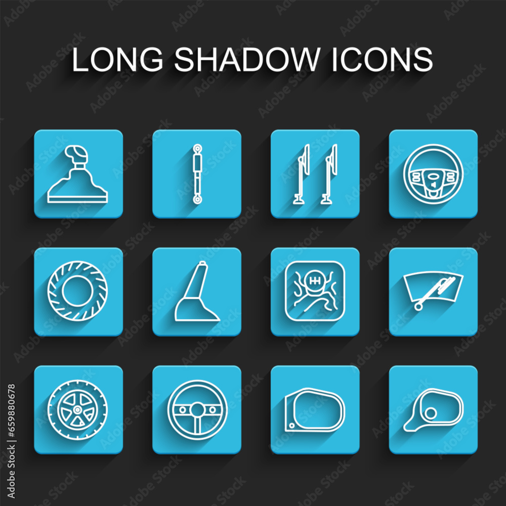 Set line Car wheel, Steering, Gear shifter, mirror, handbrake, Windscreen wiper and icon. Vector Set line Car wheel, Steering, Gear shifter, mirror, handbrake, Windscreen wiper and icon. Vector