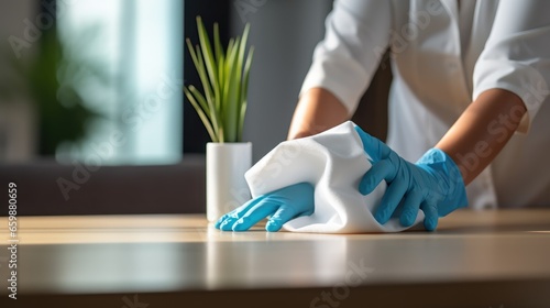 A scene of professional cleaning staff using sprays and wipes to sanitize an office desk.