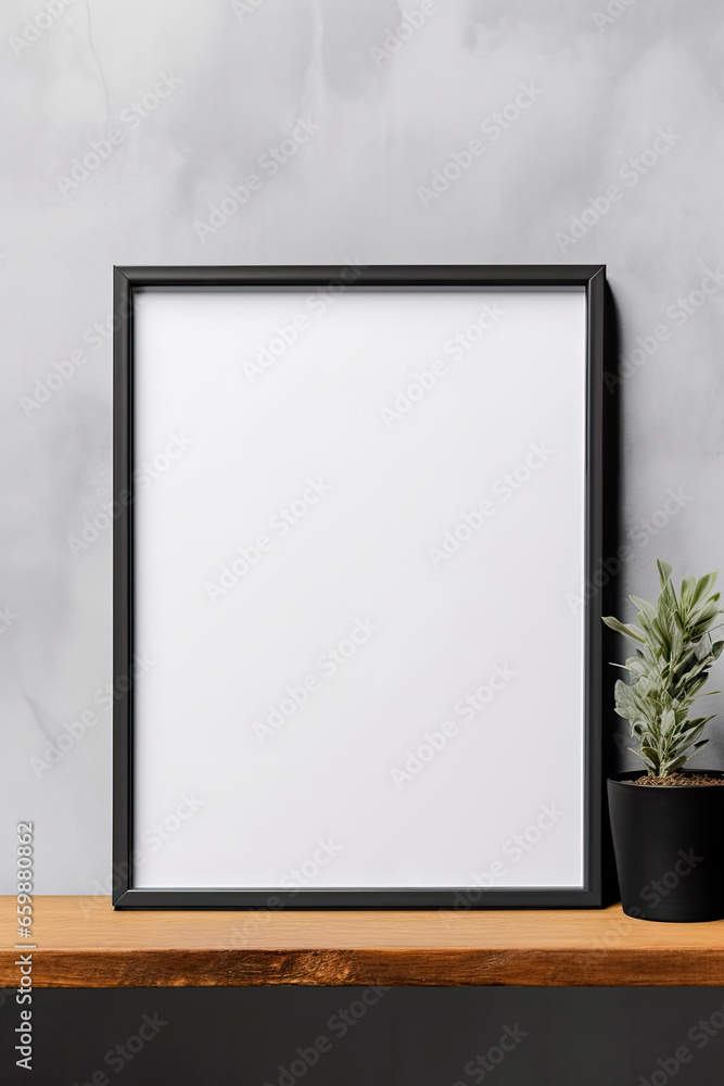 Blank vertical picture frame mockup hanging on a plain wall with wooden desk table and flower vase