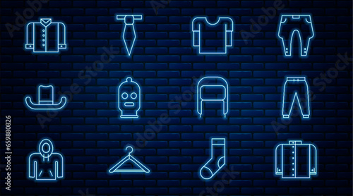 Set line T-shirt, Sport pants, Long sleeve, Balaclava, Man hat, Winter with ear flaps and Tie icon. Vector