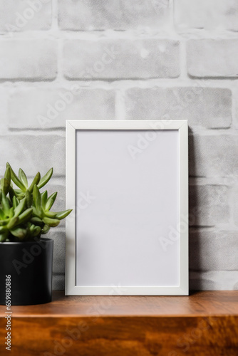 Empty vertical picture frame mockup hanging on a brick wall with wooden desk table and flower vase © LightoLife