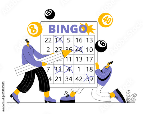 The characters fill out a bingo card. Prize drawing. Vector illustration in a modern style.