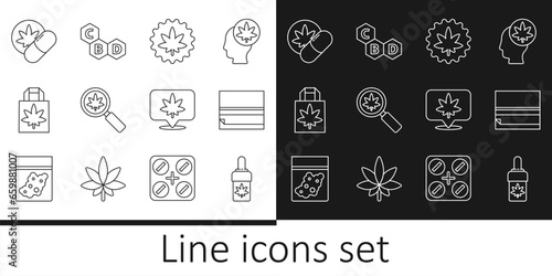 Set line Marijuana or cannabis olive oil, Rolling paper, leaf, Magnifying glass and marijuana, Shopping bag of, Herbal ecstasy tablets, Location and Cannabis molecule icon. Vector