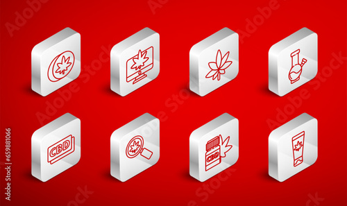 Set line Medical cream with marijuana, Monitor and or cannabis, Marijuana leaf, Glass bong for smoking, bottle, Herbal ecstasy tablets, Magnifying glass and Cannabis molecule icon. Vector