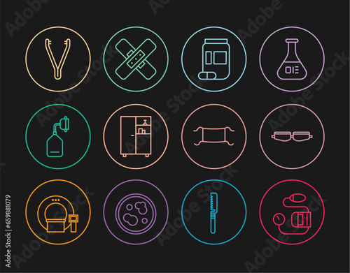 Set line Blood pressure, Safety goggle glasses, Medicine bottle and pills, cabinet, Medical oxygen mask, tweezers, protective and Crossed bandage plaster icon. Vector