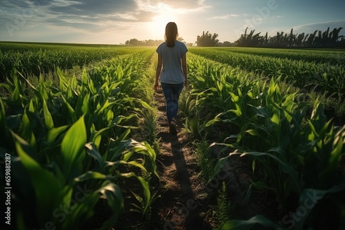 Agriculture. female farmer wearing rubber boots. Working along the sunshine near the green corn fields. AI generative photo