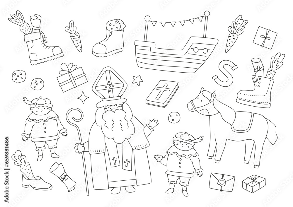 Sinterklaas coloring page with Saint Nicholas drawing, cute horse, little piet, ship, cookies and carrots in boots. Traditional elements in outline with white background. Vector kids illustration
