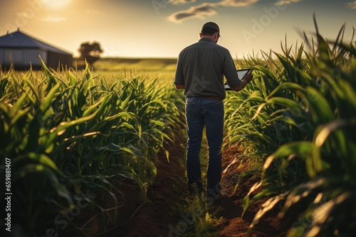Agriculture. Male farmer wearing rubber boots. holding a tablet Working along the sunshine near the green corn fields. AI generative