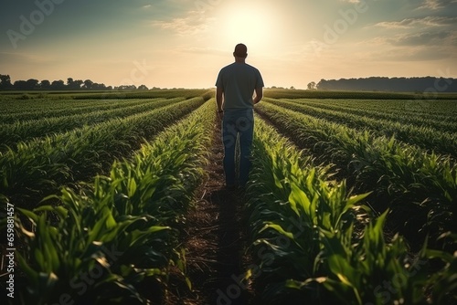 Agriculture. Male farmer wearing rubber boots. Working along the sunshine near the green corn fields. AI generative photo