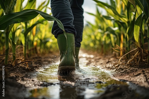 Agriculture. Male farmer wearing rubber boots. Working along the sunshine near the green corn fields. AI generative