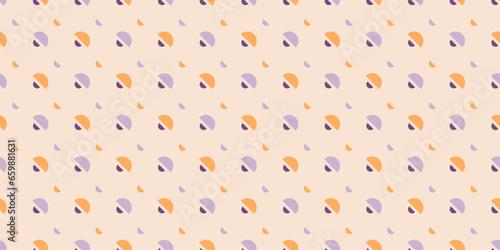 Geometric background with half circle shape. Simple seamless pattern with sparse aligned circular forms. Vector illustrations in vintage style. Beige, light purple and yellow colors.