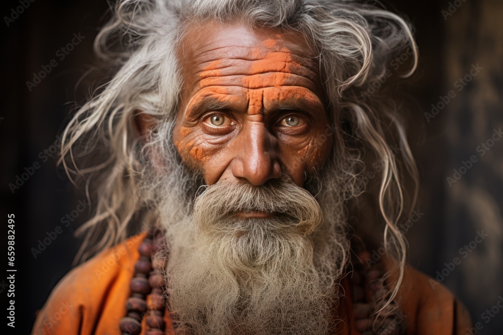 Portrait of sadhu Baba Nondo Somendrah, Varanasi, India. AI generative