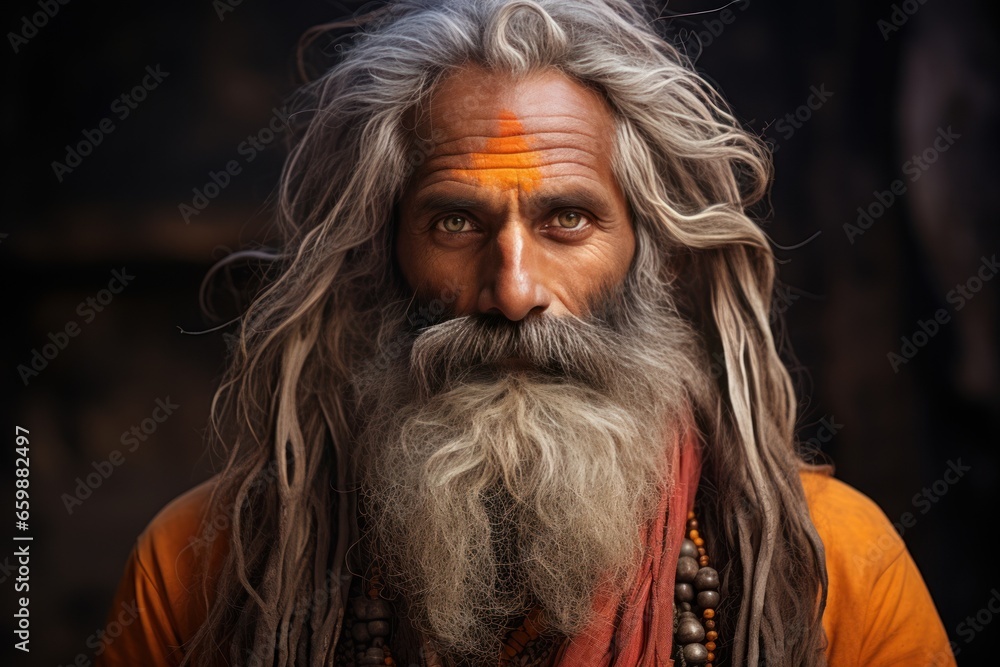 Portrait of sadhu Baba Nondo Somendrah, Varanasi, India. AI generative Portrait of sadhu Baba Nondo Somendrah, Varanasi, India. AI generative