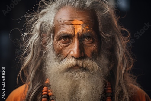 Portrait of sadhu Baba Nondo Somendrah, Varanasi, India. AI generative © Attasit