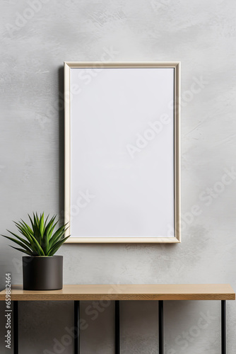 Blank vertical picture frame mockup hanging on a plain wall with wooden desk table and flower vase