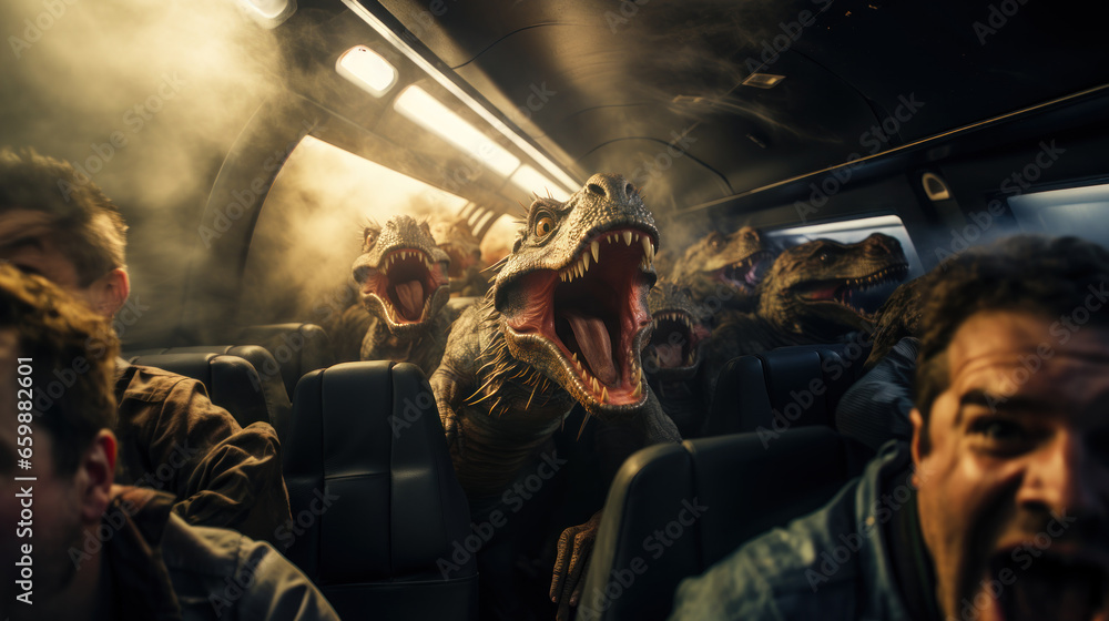Dangerous dinosaurs attack in a train scary people. Horror concept. - obrazy, fototapety, plakaty 
