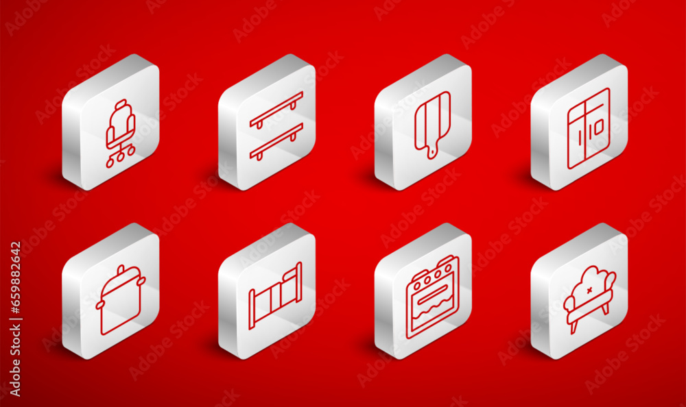Set line Sofa, Empty wooden shelves, Cutting board, Refrigerator, Oven, Office chair, Bed and Cooking pot icon. Vector Set line Sofa, Empty wooden shelves, Cutting board, Refrigerator, Oven, Office chair, Bed and Cooking pot icon. Vector