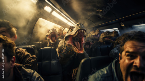 Dangerous dinosaurs attack in a train scary people. Horror concept.