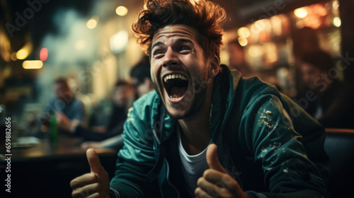 Young man in a bar at night showing thumbs up gesture and laughing while watching match on tv.