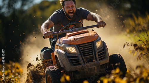A man riding a quad bike on a dirt road in the countryside. photo