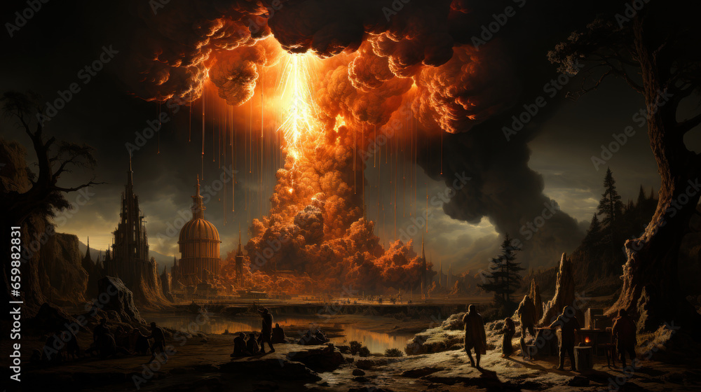 Image of nuclear explosion with people and ruins at background at past times.