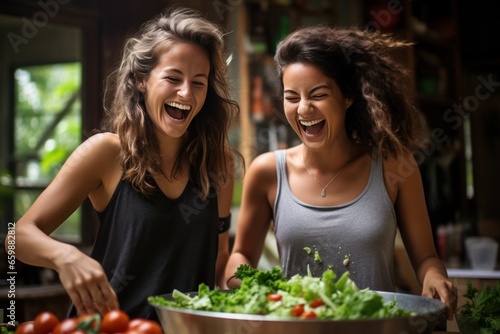 Two females of different ethnicities having fun while making salad together in the kitchen. AI generative