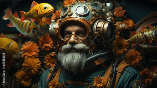 Surreal portrait of an old man with a gray beard and mustache in vintage dive mask against the background of flowers and fishes.