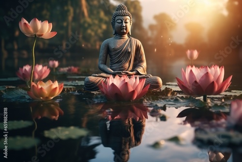 Buddha statue  sitting meditation on a royal lotus flower. AI generative