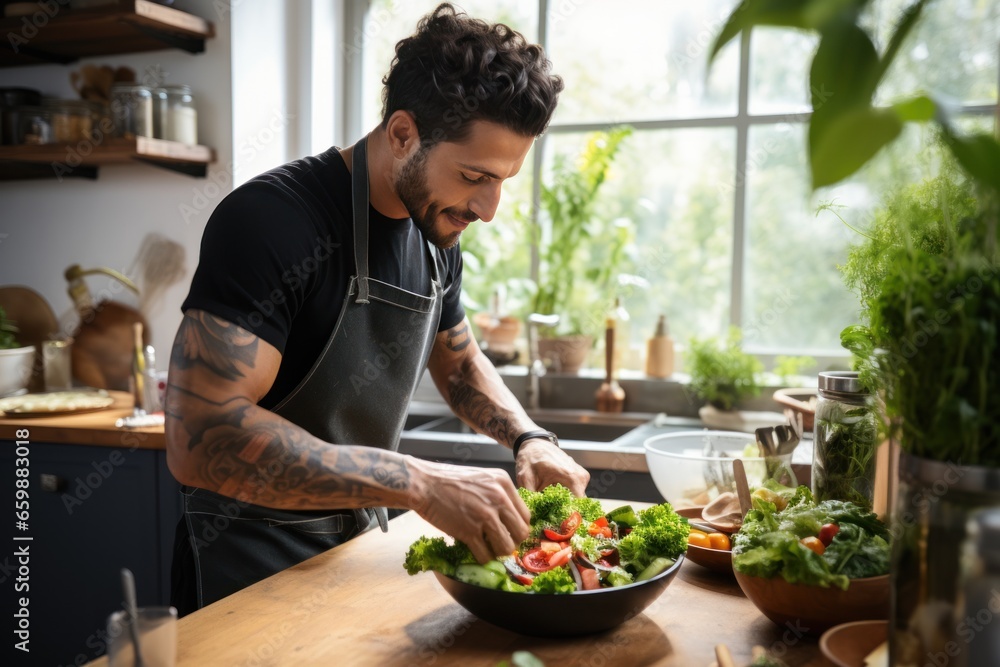 Two males of different ethnicities having fun while making salad together in the kitchen. AI generative Two males of different ethnicities having fun while making salad together in the kitchen. AI generative