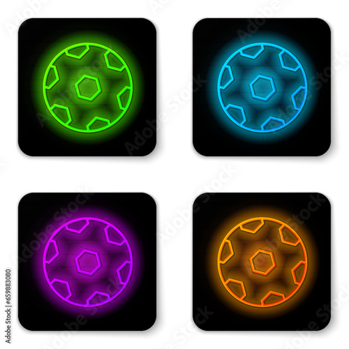 Glowing neon line Football ball icon isolated on white background. Soccer ball. Sport equipment. Black square button. Vector