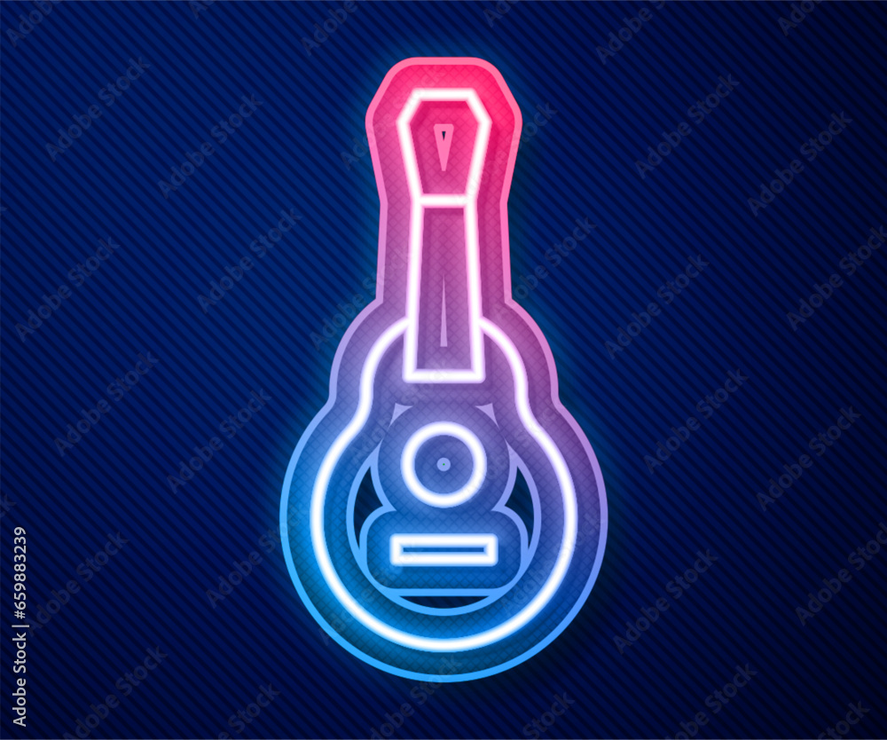 Glowing neon line Mexican guitar icon isolated on blue background. Acoustic guitar. String musical instrument. Vector Glowing neon line Mexican guitar icon isolated on blue background. Acoustic guitar. String musical instrument. Vector