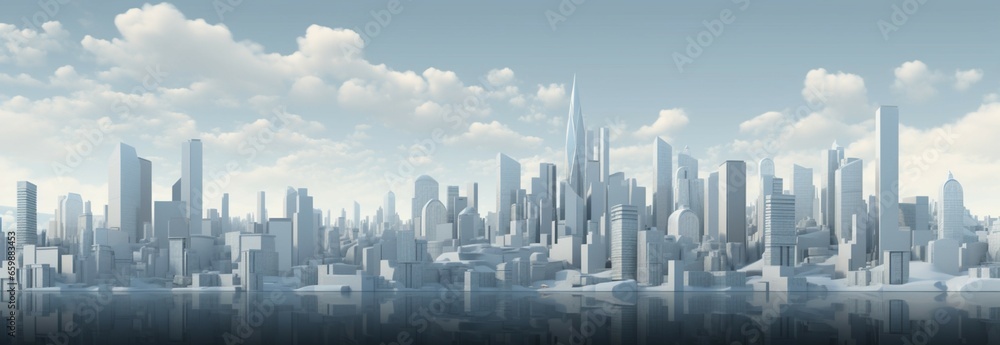 A 3D rendering of a cityscape defined by elegant white skyscrapers