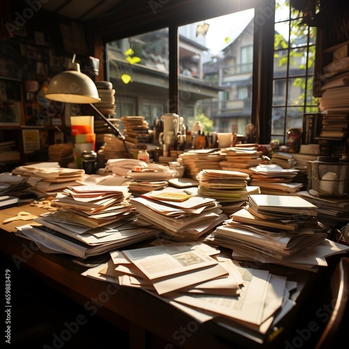 Documents piled on table in front of window